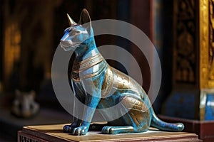 Blue and gold Egyptian cat statue