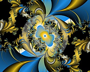 Blue gold fantasy fractal flowery abstract geometries, vivid texture