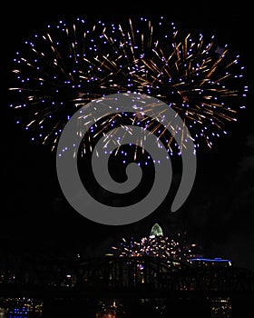 Blue and Gold Fireworks Over the Cincinnati Skyline and Railway Bridge