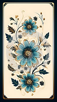 a blue and gold floral design on a white background. Abstract Cerulean color Florals background.