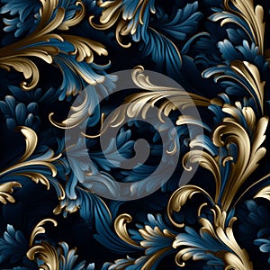 Blue And Gold Floral Pattern Seamless On Black Background