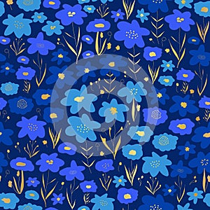 Blue and gold flower meadow seamless vector pattern. Blue and shiny metallic gold foil floral background. Repeating