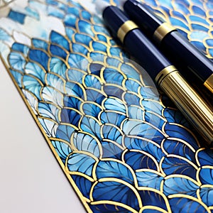 Blue And Gold Foiled Notebook With Intricate Pen Illustrations