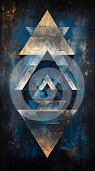 A blue and gold geometric design on a dark blue background