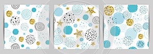 Blue gold glitter christmas background set Seamless dotted stars pattern night star doodle  print