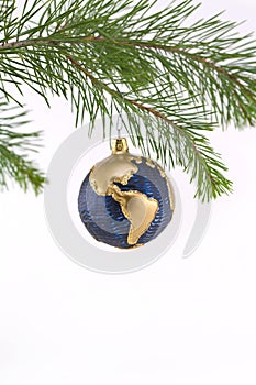 Blue and Gold Globe Christmas Ornament showing Nor