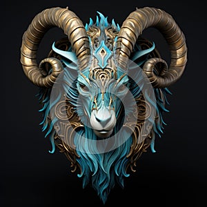 a blue and gold goat head
