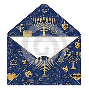 Blue and Gold Hanukkah Envelope with Menorah Pattern