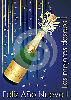 Blue and gold Happy New Year 2024 Greeting card. Spanish language. Format A4. Vector.