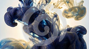 Blue and Gold Ink Swirls Diffusing in Water Abstract