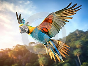 Ai Generated illustration Wildlife Concept of Blue and gold macaw Ara ararauna. Parrot birds flying. Wildlif
