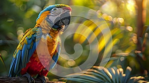 Blue-And-Gold Macaw Sits Elegantly Against A Bokeh Of Greenery, Its Rich Colors