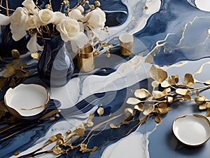 Blue and gold marble background with porcelain vases and flowers