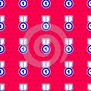 Blue Gold medal icon isolated seamless pattern on red background. Winner symbol. Vector