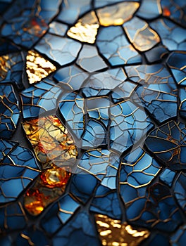 a blue and gold mosaic background with broken pieces of glass