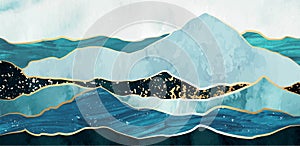 Blue and gold mountain, hills, sea horizontal wall art. Abstract landscape collage with hand painted textures. Iceberg