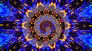 Blue Gold Orange Kaleidoscopic symmetrical rotation of hypnotic geometric pattern moving on black background.