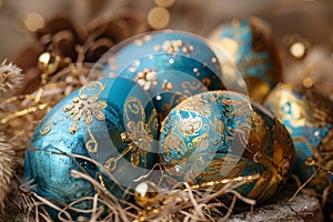 Blue and Gold Ornamented Eggs in a Nest photo