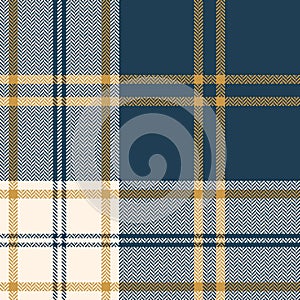 Blue and gold plaid pattern vector. Herringbone seamless textured tartan check plaid.