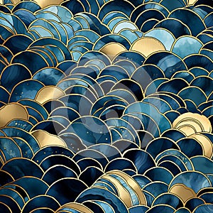 Blue Gold Scallops Pattern: Textured Organic Landscapes Inspired By Art Deco