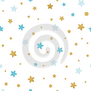 Blue gold star baby seamless pattern Holiday Baby shower background Vector illustration
