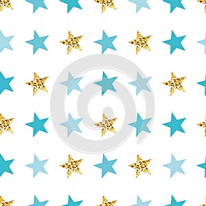 Blue gold star seamless pattern background. Golden glitter stars on white