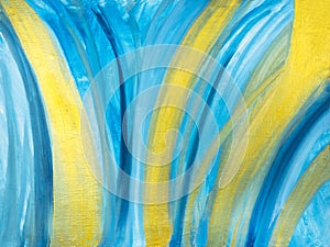 Blue and gold stripes, creative abstract hand painted background, brush texture, acrylic painting on canvas