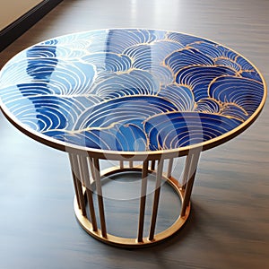 Blue And Gold Table With Decorative Waves - Inspired By Kilian Eng
