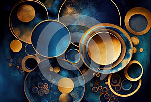 Blue and golden circles watercolor geometric abstract background