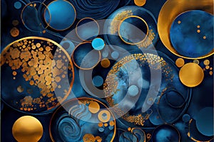 Blue and golden circles watercolor geometric abstract background