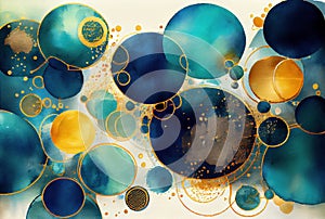 Blue and golden circles watercolor geometric abstract background