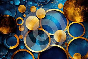 Blue and golden circles watercolor geometric abstract background