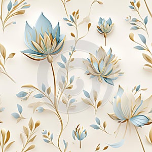 Blue and golden flower seamless pattern with flourishing botanicals (tiled)