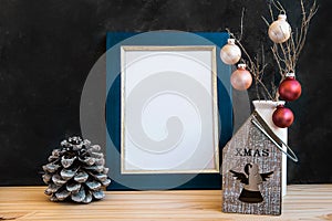 Blue Golden Frame Mock Up Christmas New Year Pine Cones Colorful Balls Candle Holder with Angel Figure Black Chalkboard Wall