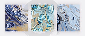 Blue and golden glitter ink painting liquid marble texture. Abstract pattern. Trendy backgrounds for wallpaper, flyer, poster, car