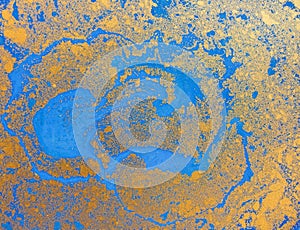 Blue and golden liquid texture, watercolor hand drawn marbling illustration, abstract background