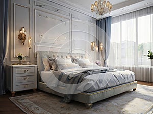 Blue and golden luxury bedroom in classic style