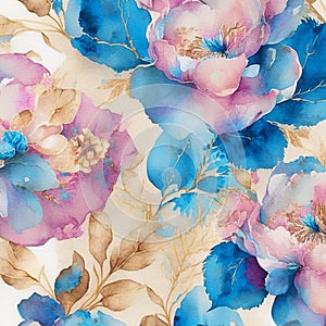 Blue, golden and pink watercolor flowers with stems and leaves. Watercolor art background