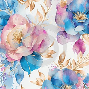 Blue, golden and pink watercolor flowers with stems and leaves. Watercolor art background