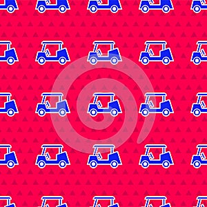 Blue Golf car icon isolated seamless pattern on red background. Golf cart. Vector