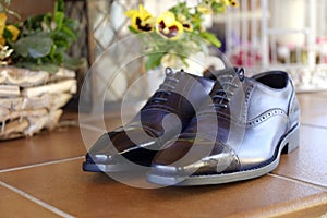 Blue goodyear welted leather mens wedding shos with a leather sole