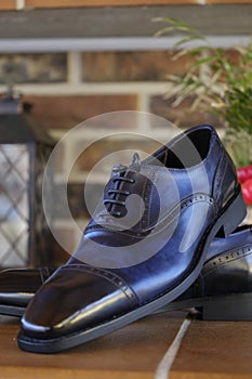 Blue goodyear welted leather mens wedding shos with a leather sole