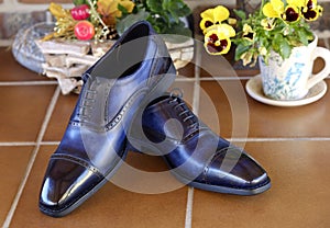 Blue goodyear welted leather mens wedding shos with a leather sole