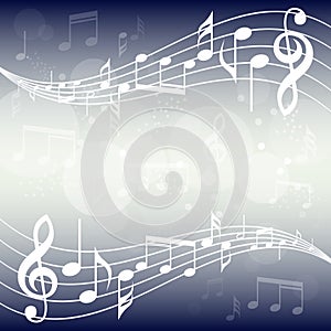 Blue gradient music background illustration. Curved stave with music notes background.