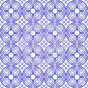 Blue gradient on white hand drawn wavy line tile in a circle seamless repeat pattern background