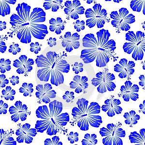 Blue gradient on white random hibiscus flower seamless repeat pattern background