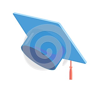 Blue graduate cap Cartoon icon vector object on white background. Student hat element. Learning, education, graduation