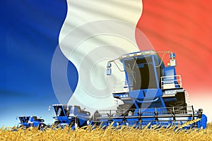 blue grain agricultural combine harvester on field with France flag background, food industry concept - industrial 3D illustration