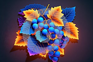 Blue grape cluster illuminated with orange neon. Food history. copy space, top view