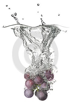 Blue grape dropped into water with splash
